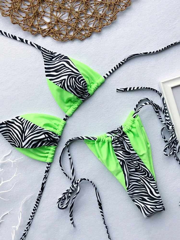 

Zebra Print Halter micro Bikini 2024 women Bandeau String Swimsuit Female swimwear Neon Shiny bikini set Leopard Bathing Suit