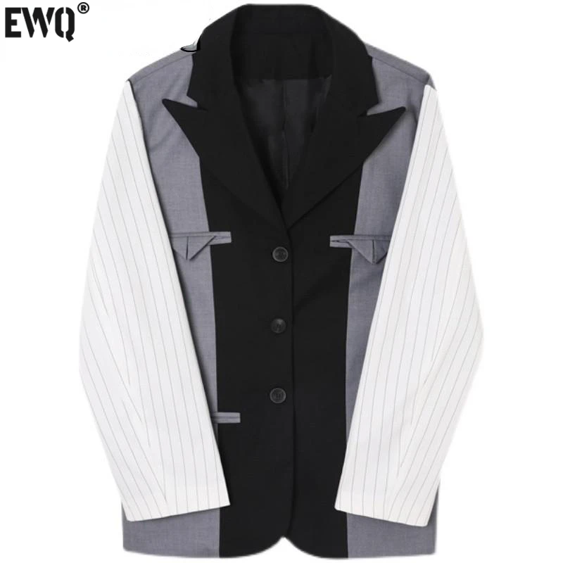 

[EWQ] Big Size Women Blazer Striped Sleeve Spliced Irregular Suit Coat Single Breasted Long Sleeve Ladies Jacket Autumn 2023 New