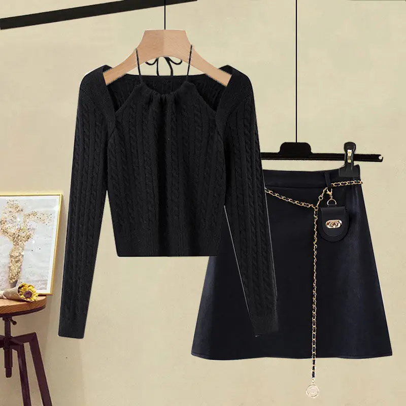 Oversized Women's Autumn Set 2023 New Slim Design Feel Knitted Sweater Temperament Skirt Two Piece Set Fashion