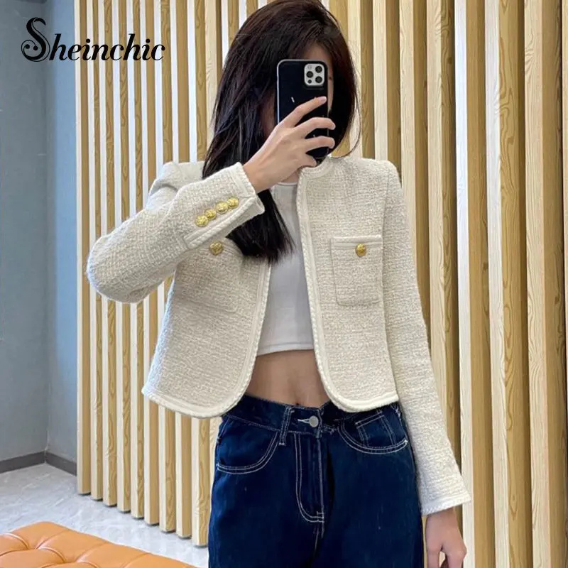 

Korean Streetwear Y2k Fashion Elegant White Jackets for Women 2023 O-neck Short Wool Blend Coat Female 2023 Outwears