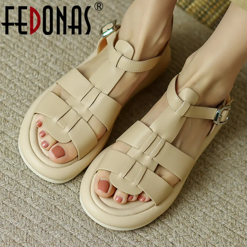 

FEDONAS Women Rome Style Sandals Fashion Platforms Flats Summer Casual Sandals Genuine Leather Buckle Office Lady Shoes Woman