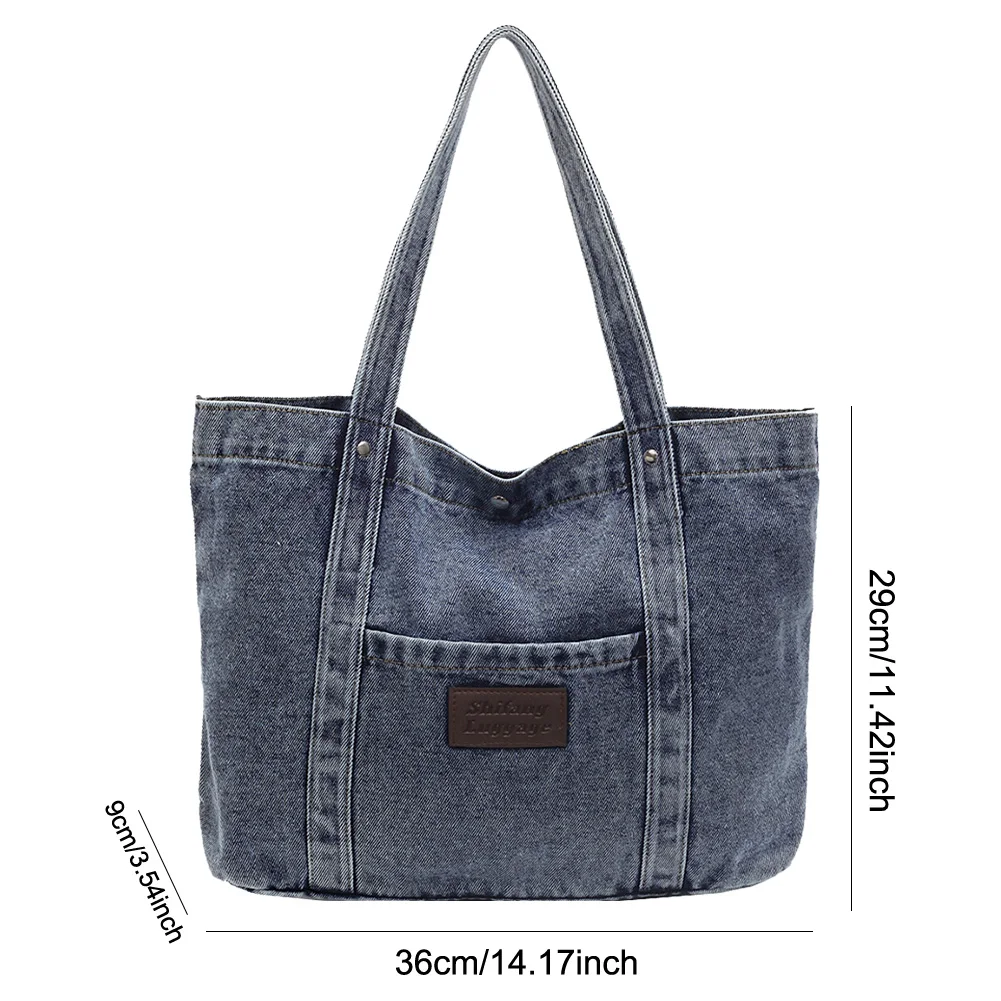 Women Denim Shoulder Bag Casual Underarm Bag Large Capacity Trendy Hobo Bag Hasp Closure Vintage Tote Bag Outdoor Travel Bag