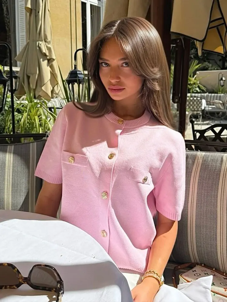 HH 2025 Women Elegant Solid Knitted Tops O Neck Single Breasted Short Sleeve T-Shirts Casual Fashion Female Chic Tops