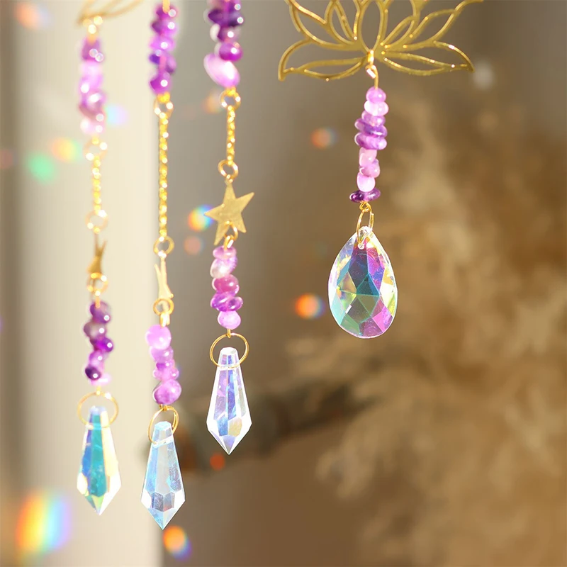 1Piece Natural Crushed Stone Amethyst Lotus Flower Pendant Rainbow Maker Window Decoration Pendant Suncatcher Gardening Crafts
