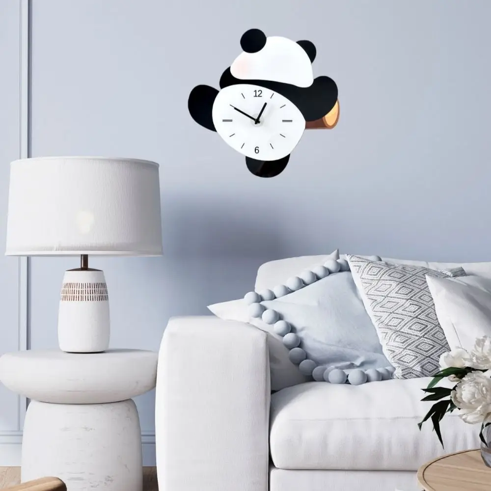 Wall Decoration Cartoon Swinging Panda Wall Clock Wooden Silent Hanging Watch Panda Animal Digital Clock Cafe