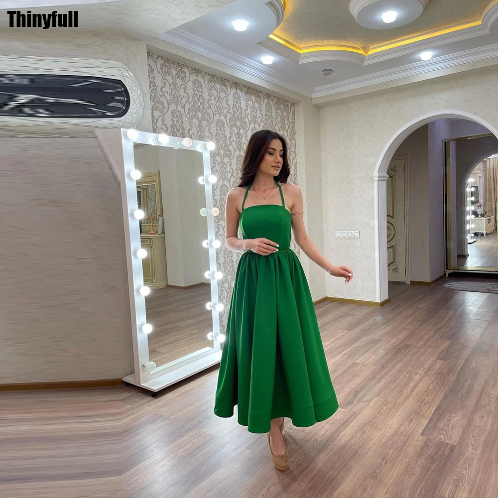 

Thinyfull A-line Prom Dresses Sleeveless Halter Evening Party Gown Satin Tea-length Formal Occasion Dress Robe De Soirée
