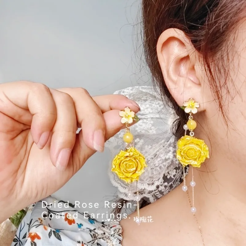 Elegant Immortal Rose Long Earrings Epoxy Resin Real Rose Flower 16
