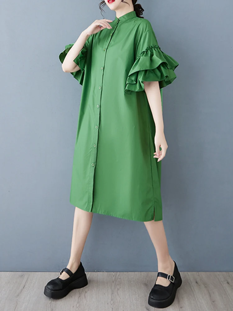 2025 Spring Summer New Green Vintage Shirt Dresses For Women Butterfly Sleeves Loose Casual Midi Dress Elegant Fashion Clothing