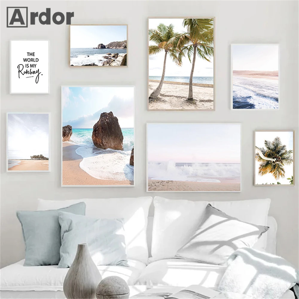 

Seascape Poster Beach Canvas Painting Sea Wave Wall Art Print Pictures Palm Tree Posters Nordic Wall Prints Living Room Decor
