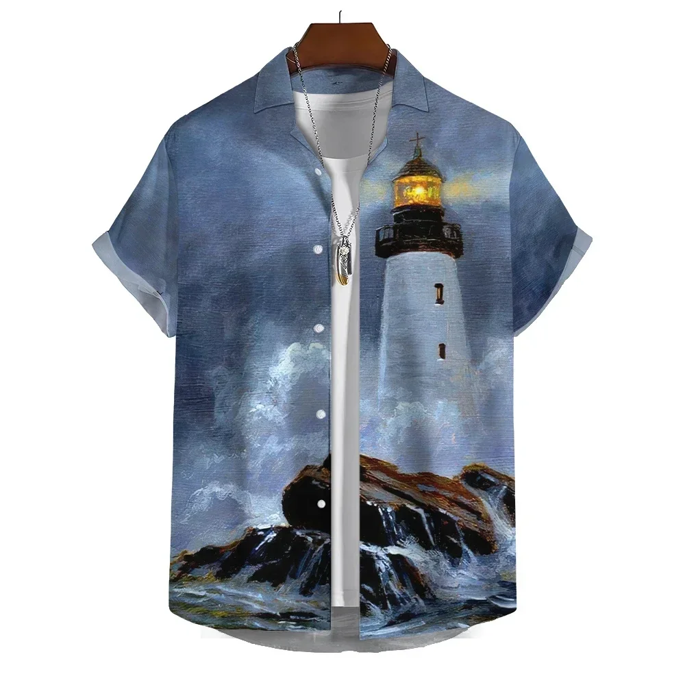Summer New Men's Short Sleeve Shirts Lighthouse Print Casual Men's Lapel Tops Large Size Fashionable Men's Shirts Comfortable