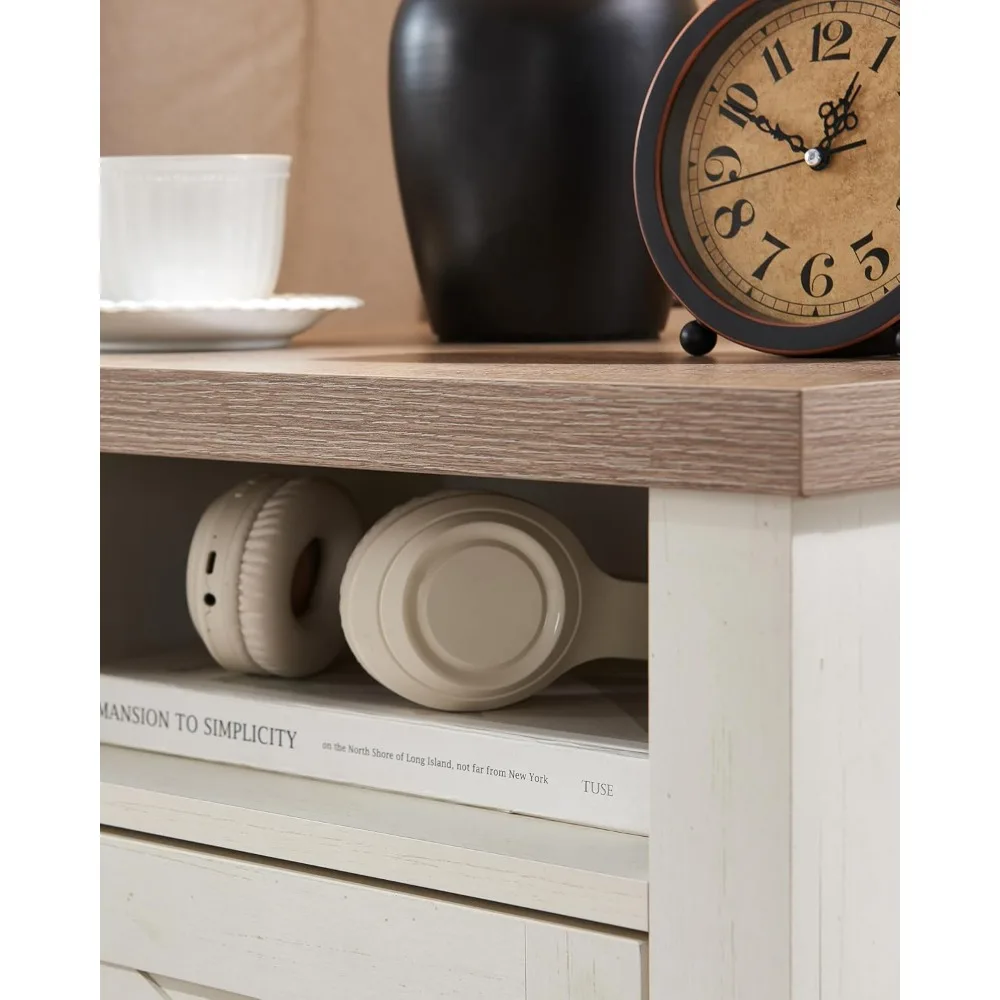 Farmhouse Nightstand,End Table with Barn Door,Nightstand WithOpen Shelf & Adjustable Shelf,Side Table,Bedside Cabinet 6