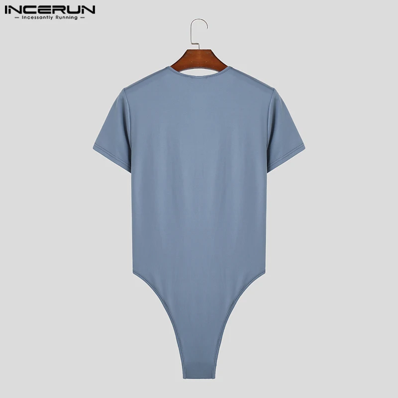 INCERUN Men Rompers Short Sleeved Solid Comfortable Bodysuits Stylish O-neck Design Triangle Jumpsuits S-5XL men bodysuits men jumpsuits