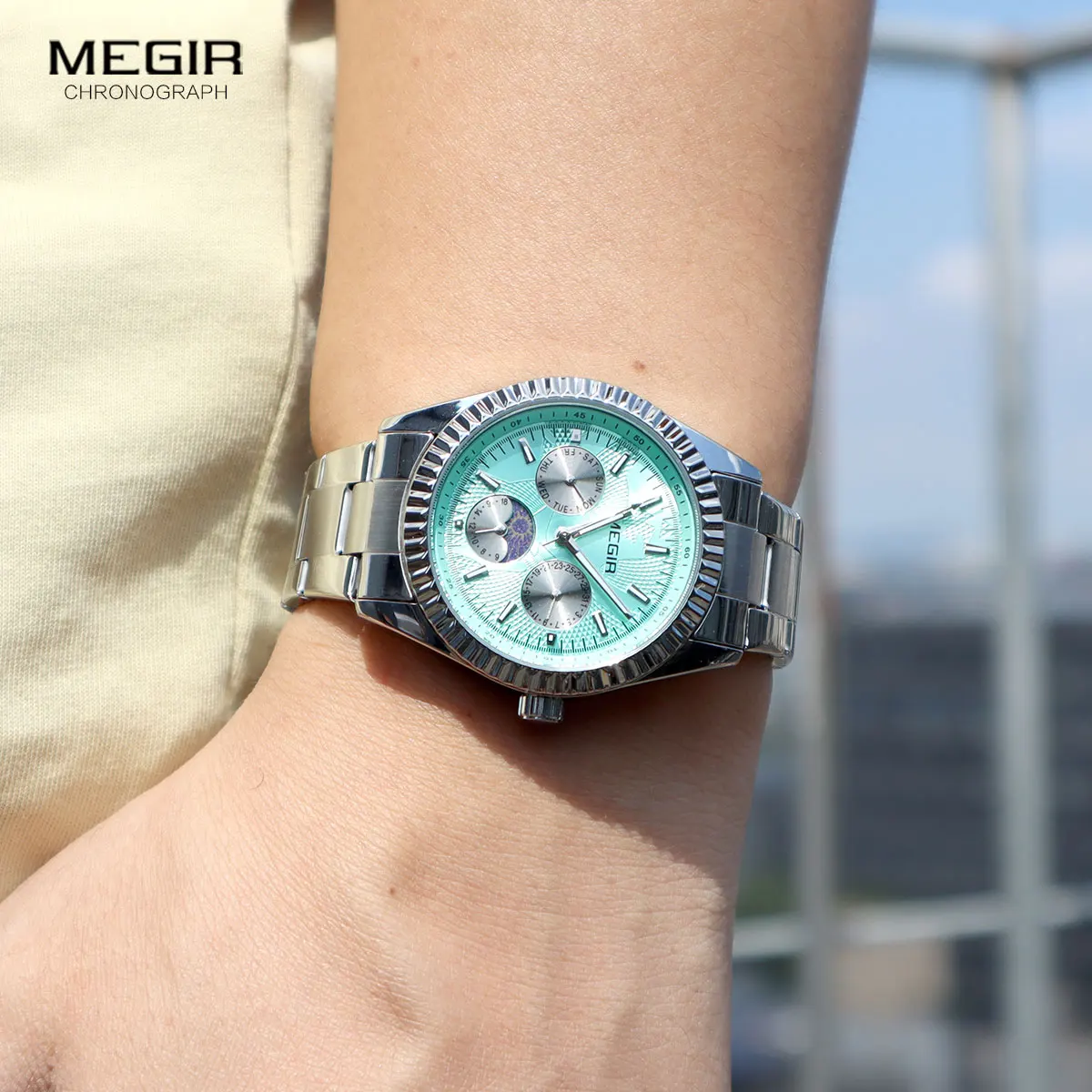 Elegant Men's Fashion Quartz Watch with Luminous Display, Day-Date, 24-Hour Moon Phase, and Stainless Steel Band