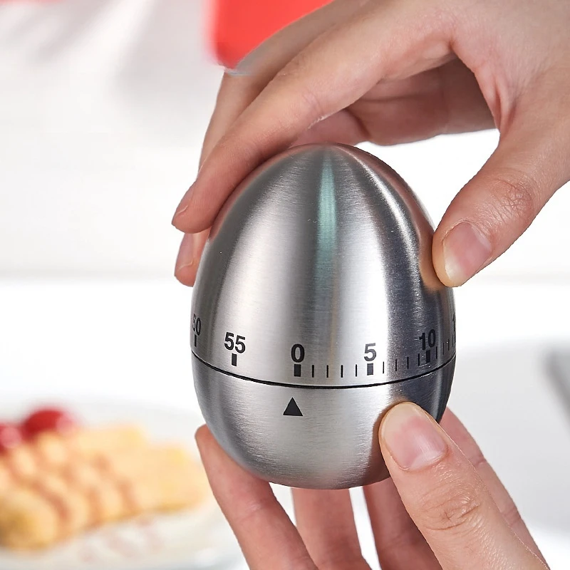 Stainless Steel Egg-Shaped Kitchen Timer with Mechanical Alarm