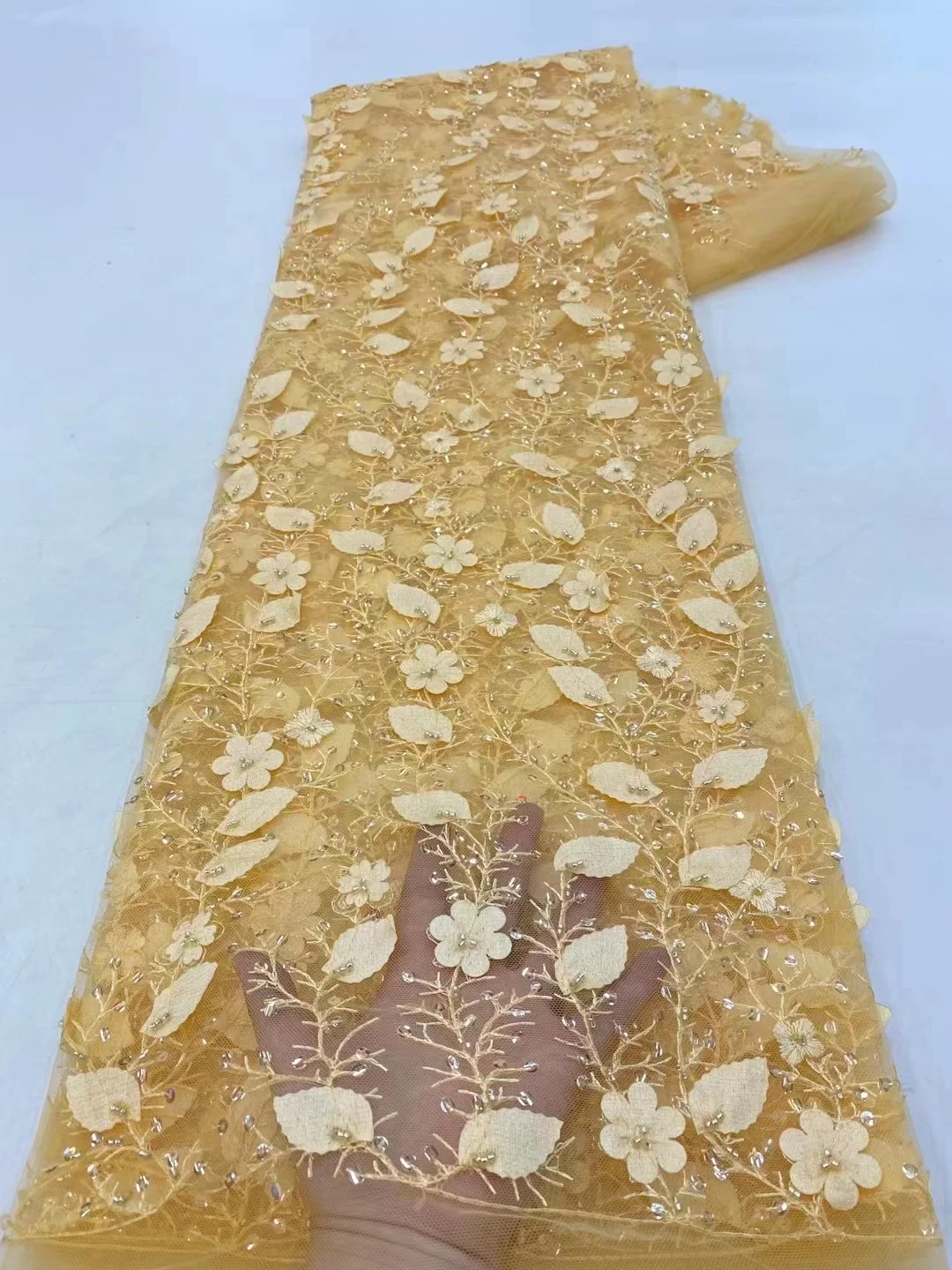 Latest Gold French Tulle Lace Fabric 2023 High Quality African Voile Lace Fabric With Stones Beaded Nigerian Lace Sewing QF0274