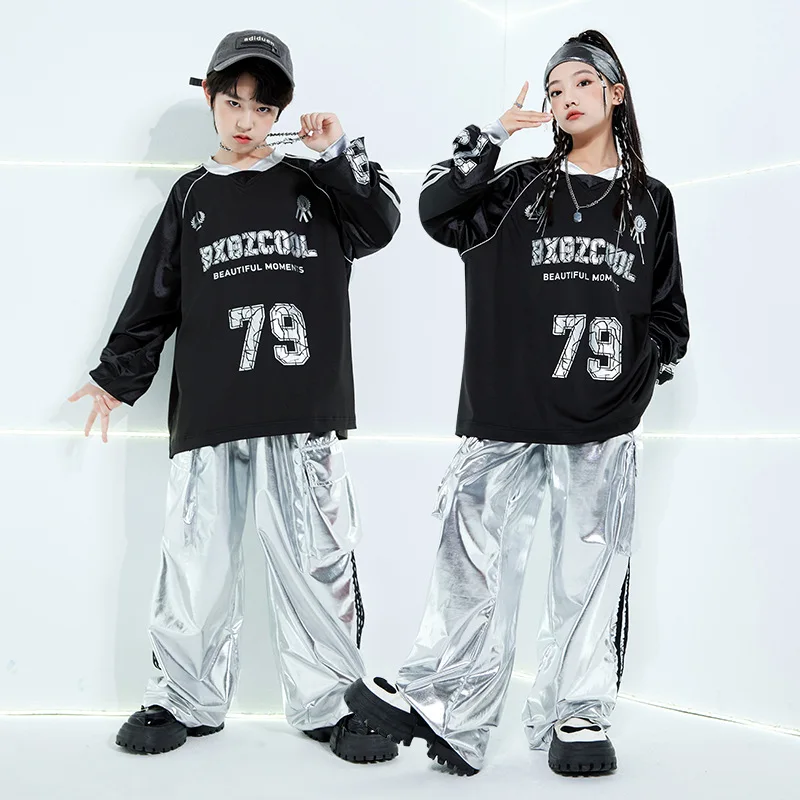 Kids Boys Girls Streetwear Hip Hop Long Sleeve Football T-shirt Silver Leather Cargo Pant Sets Tracksuit Children Stage Clothing