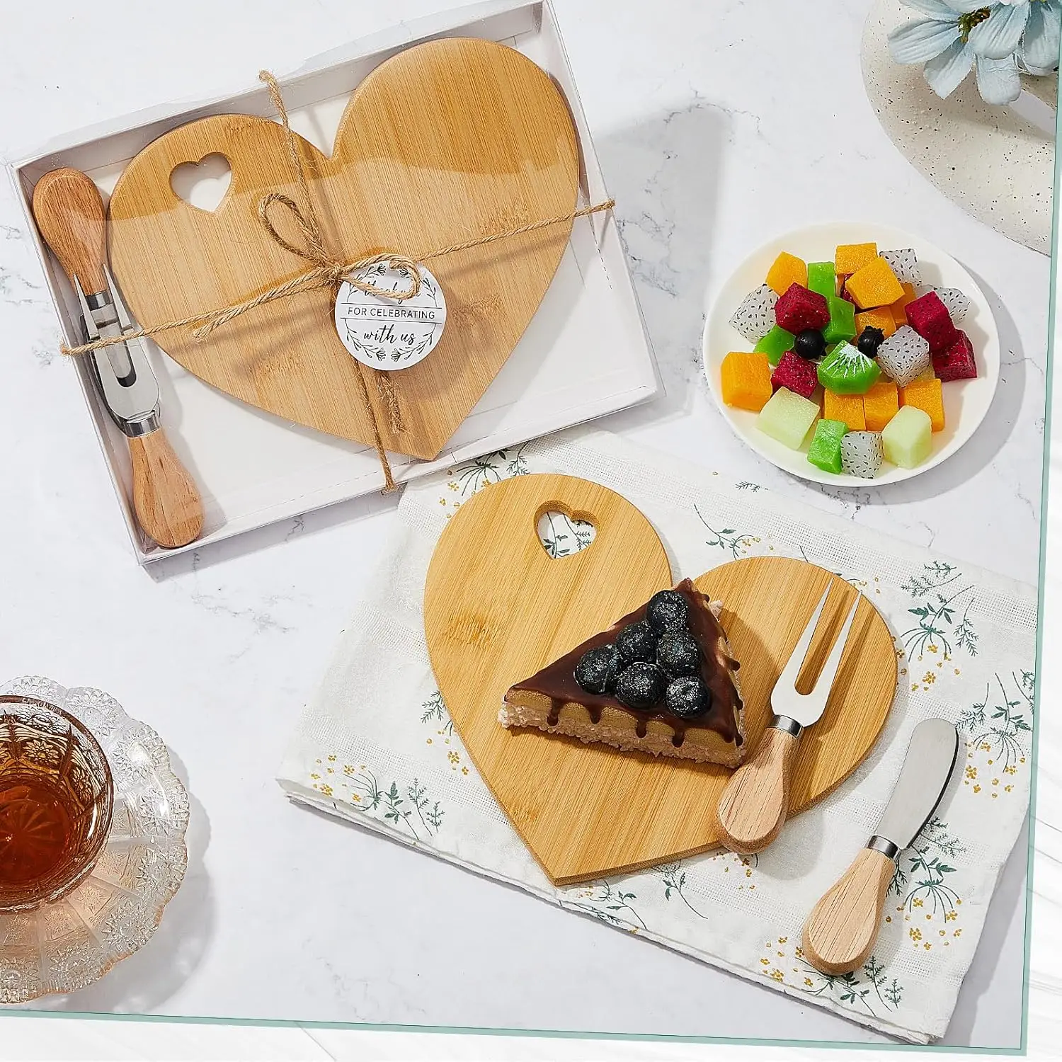 50 Set Bridal Shower Favor Heart Cheese Board Cheese Knives Wood Mini Charcuterie Board Thank You Gift Box