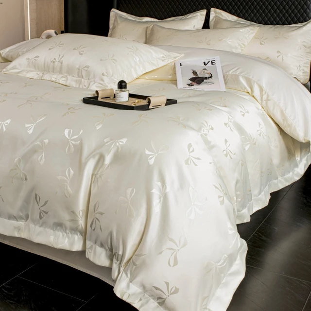Ensemble de housse de couette couleur crème 3 pièces (1 * housse de couette + 2 * taie d'oreiller, sans noyau), parure de lit jacquard à nœud 1