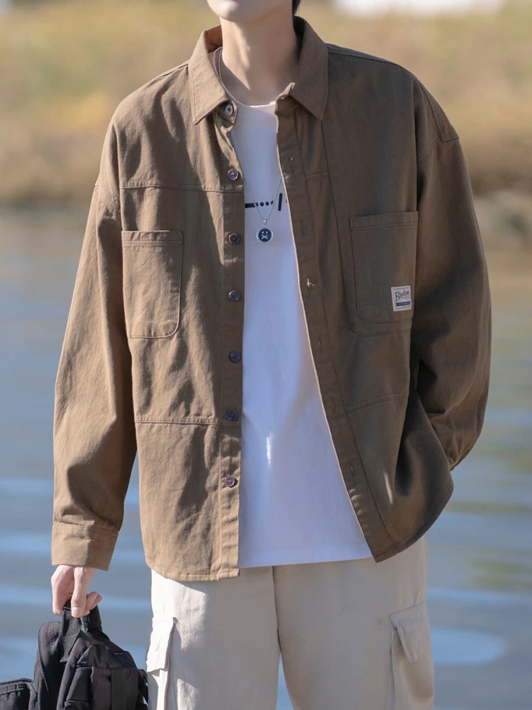 Shirt Men's Coat Spring and Autumn Artistic Japanese Style Black Long Sleeve Warm Pointed Collar Top Loose Multi-Pocket Fashion