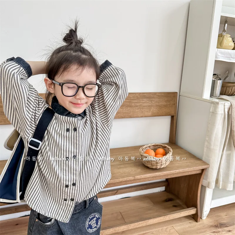 deer jonmi Autumn Baby Boys Striped Denim Shirts Long Sleeve Korean Style Children Casual Tops Coats