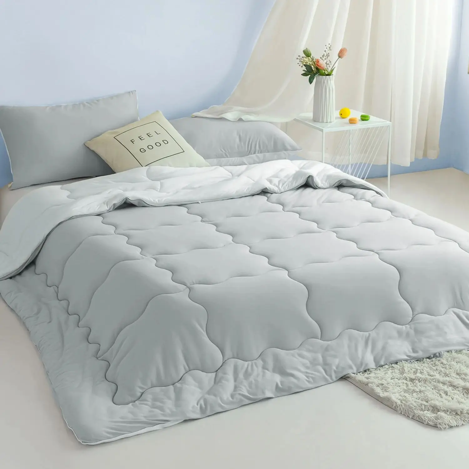 

Light grey white Twin XL Size Comforter Set Dual-Sided Jersey Knit Cotton Cozy Fully Breathable lightweight for All Season