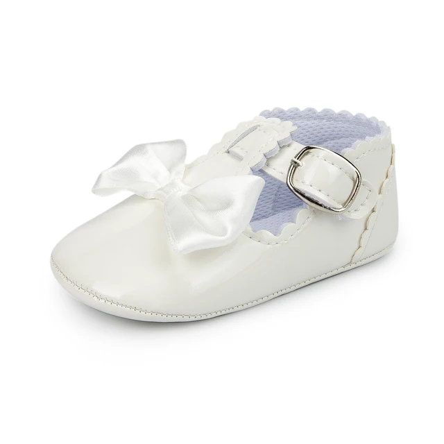 Newborn Baby Shoes Baby Boy Girl Shoes Girl Classic Bowknot Rubber Sole Anti-slip PU Dress Shoes First Walker Toddler Crib Shoes White3