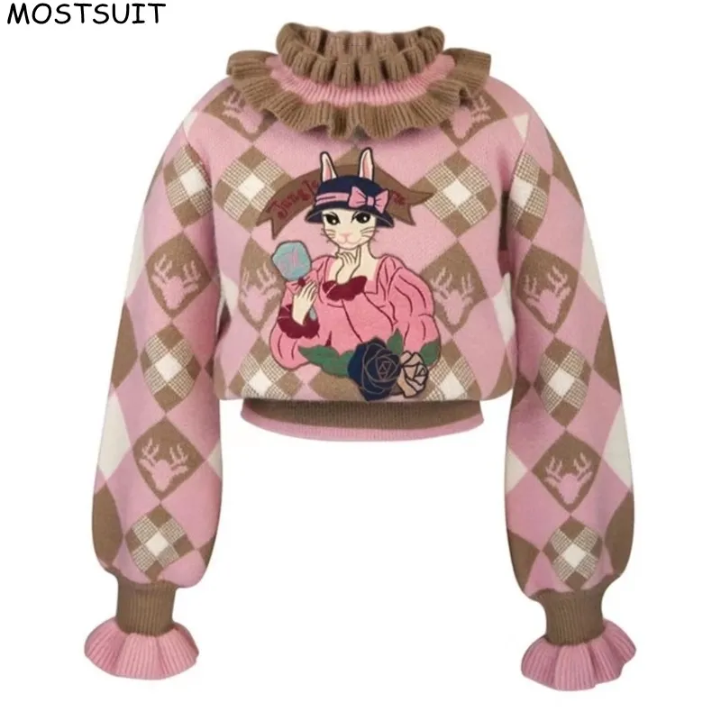 

Pink Cartoon Embroidery Sweater Women Turtleneck Elegant Stylish Vintage Chic Knitwear Top 2024 Autumn Long Sleeve Ladies Jumper