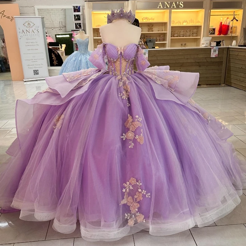 

Sparkly Lilac Ball Gown Quinceanera Dress Applique Bow Beads Tull 2024 Sweetheart Birthday Party Sweet 16 Vestidos De 15 Años