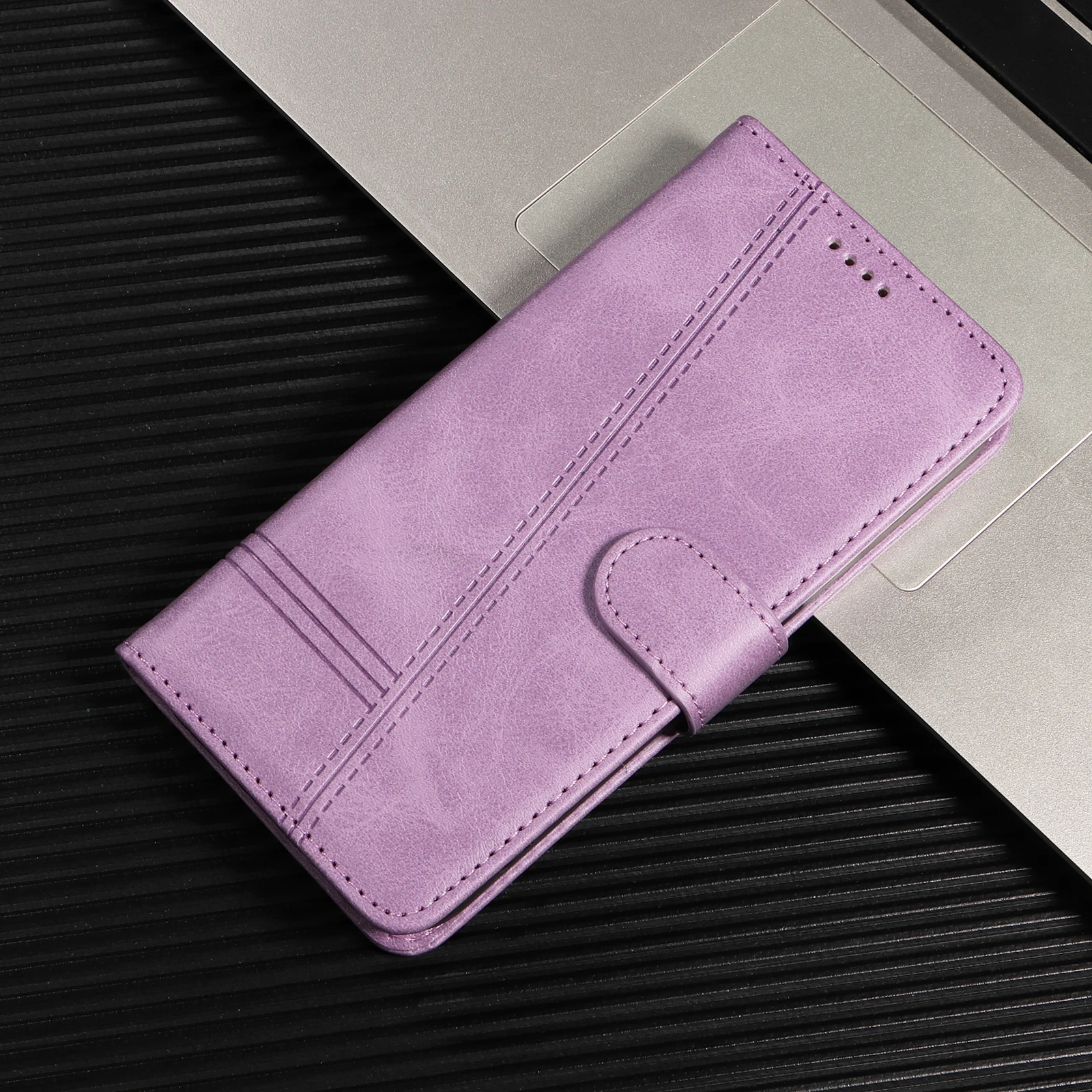 Retro Lines Leather Flip Wallet Case with Stand and Card Slot