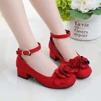 Girls High Heels Shoes for Wedding Party Kids Princess Leather Shoes with Floral Children Red Performance Shoes Flock Fabric 2