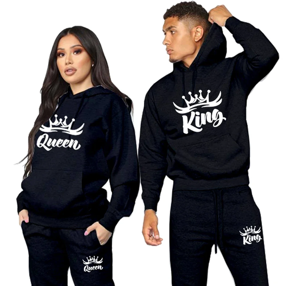 

Lover Tracksuit Sport Wear King Queen Print Fashion Couple Hoodies Suit Solid Hoodie Jogger Pants Set Matching Clothes for Women