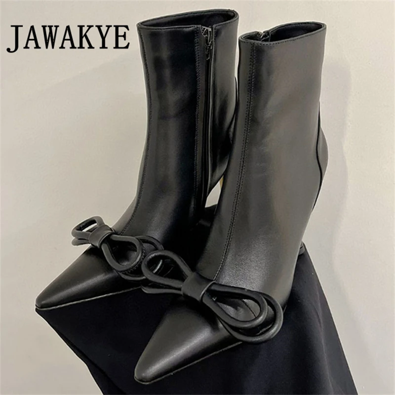 

2023 Autumn Pointed Toe Bowknot Thin High Heel Ankle Boots For Women Leather Side Zipper Chelsea Boots Fashion Short Botas Mujer