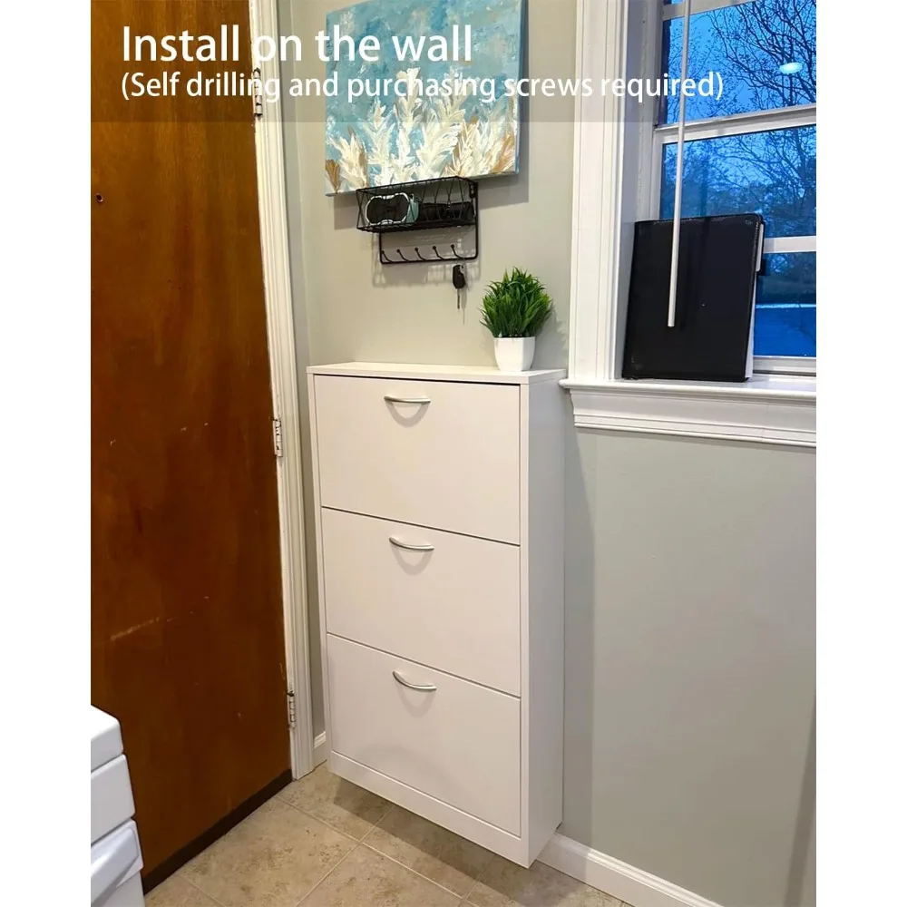 Shoe Cabinet for Entryway, White Narrow Storage Cabinet Flip Down Shoe Rack Wood 3 Tier Organizer