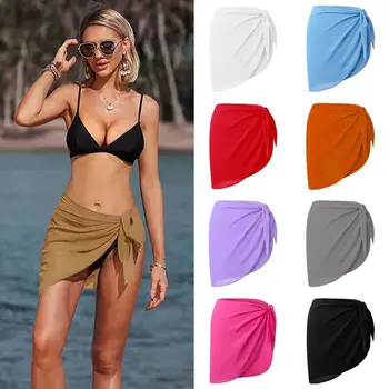 Women Summer Beach Short Sarongs Swimsuit Coverups Bikini Wrap Sheer Short Skirt Chiffon Scarf Cover Ups for Swimwear 1