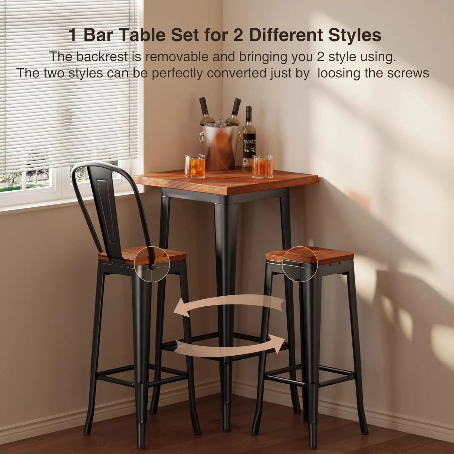 Bar Table and Chairs Set, Pub Table and Chairs Set of 2, with Elm Solid Wood Thickened Metal Frame, for Bar, Small Spac