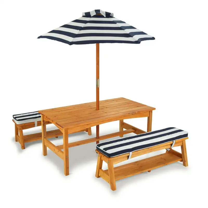 

Wooden Table & Benches with Cushions & Umbrella, Navy