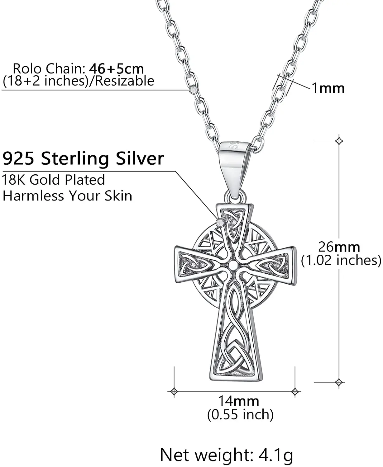 PROSILVER Celtic Jewelry Irish Gifts 925 Sterling Silver Cross Necklaces for Women Girl with 18inches Link Chain PYP15117B 5