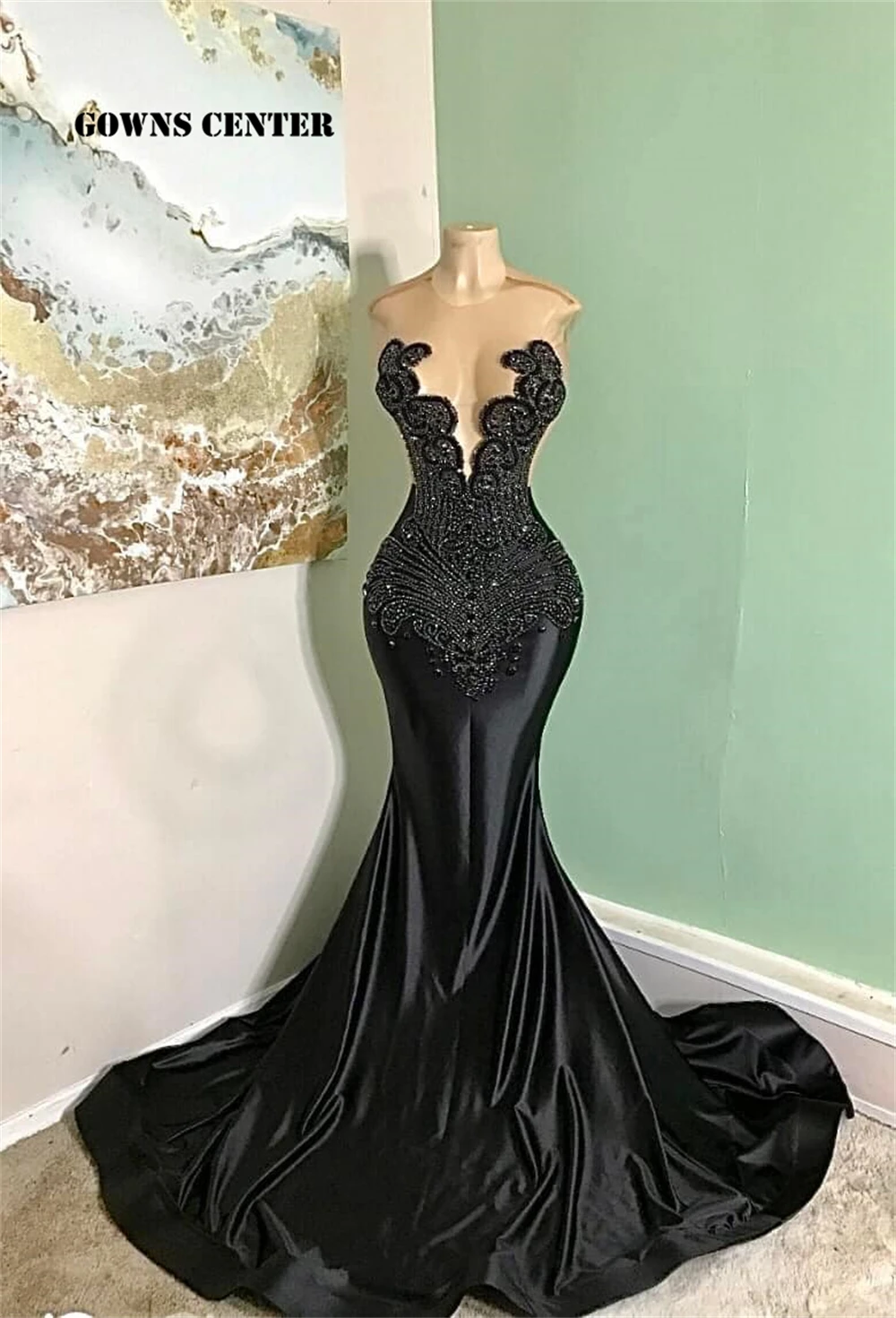 

2024 African Black Rhinestones Mermaid Evening Dress See Through Beaded Women Formal Party Dress For A Wedding robe de gala