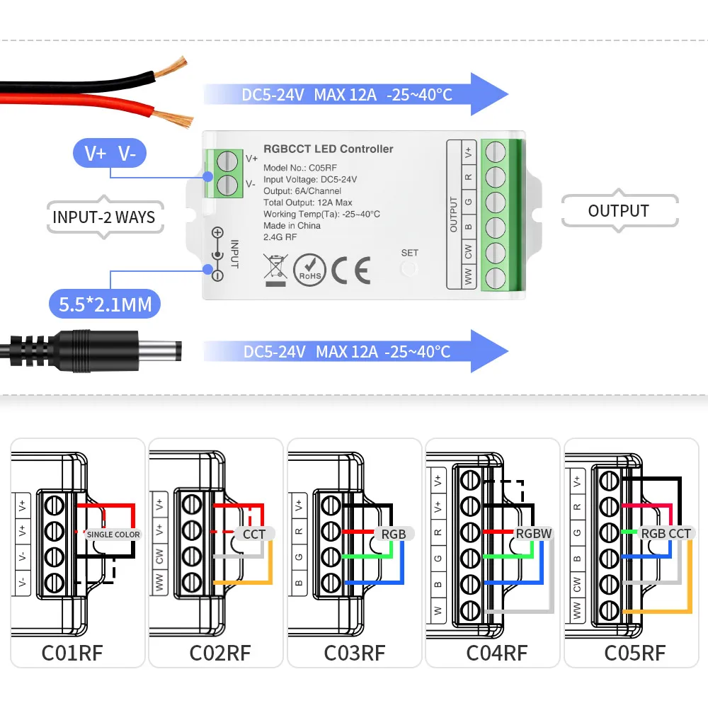 2.4GHz RF Led 컨트롤러 CO1RFC05RF RGB RGBWW RGBCW RGBCCT 2835 5050 FCOB DIM CCT LED 스트립 조명 DC5-24V