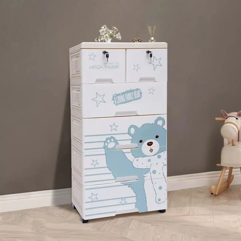 5 Layers Polar Bear Closet with 6 Drawers Tall Rolling Dresser Organizer Cartoon Style Shelf Dolls Storage Cabinet with Wheels 5