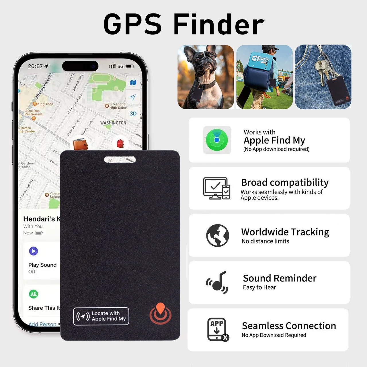 Slim Bluetooth Item Finder Tracker Wallet Tracking Card Compatible with Find My (iOS Only) IP68 Waterproof for Luggage Suitcase