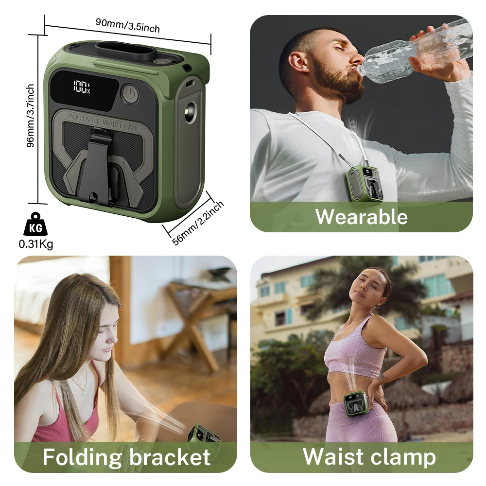 Deelife 10000mAh Hanging Neck Waist Fan 3 In 1 Portable Rechargeable Fan with Power Bank Flashlight For Outdoor Sports Travel