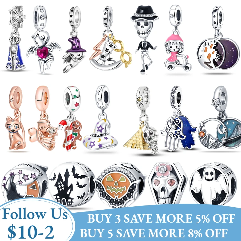 

925 Sterling Silver Halloween Charms Magic Skull Pumpkin Witch evil eye Beads Fit Pandora 925 Bracelet Necklace Women Jewelry