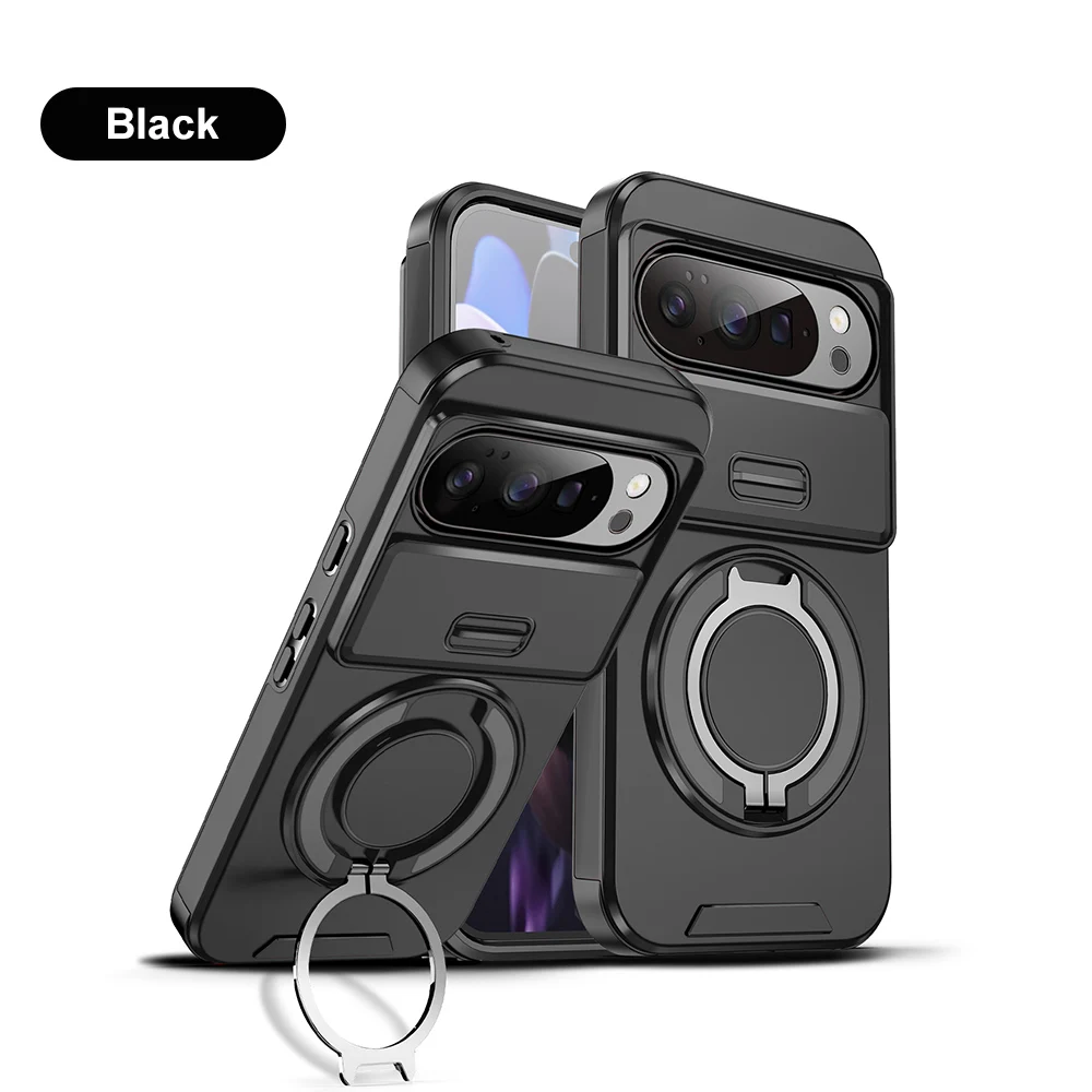 Heavy Duty Rugged Phone Case with Sliding Lens Cover and Kickstand Ring