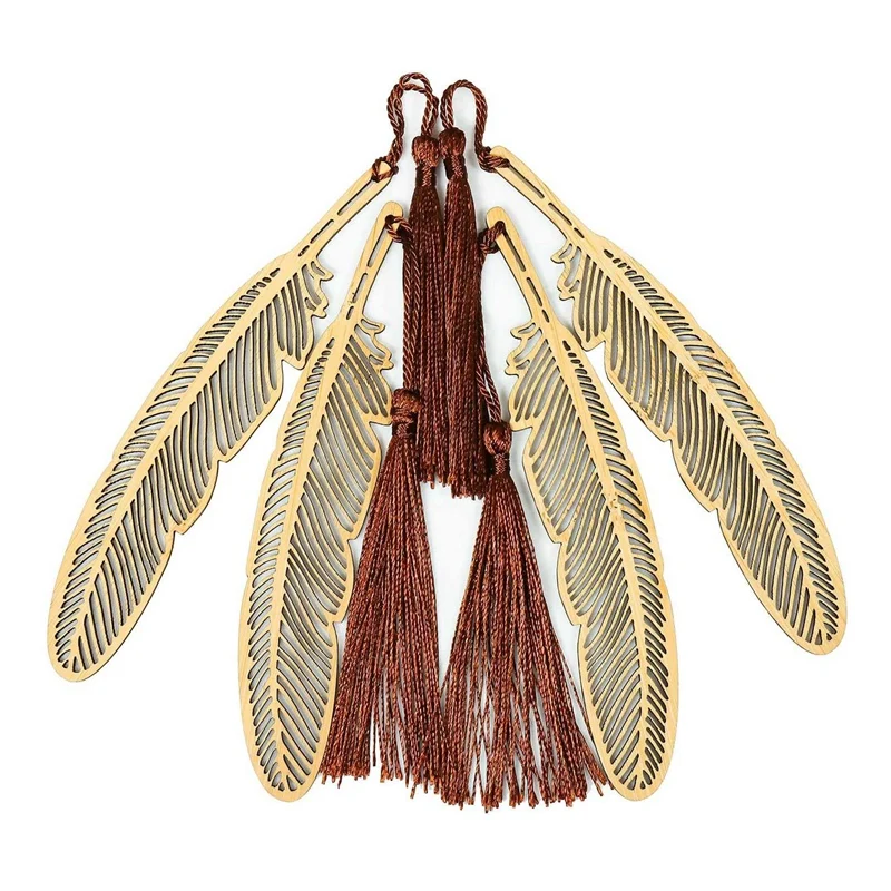 

4PCS Natural Bamboo Wooden Bookmarks With Tassels Retro Hollow Out Feather Bookmark For Reading Book Lovers