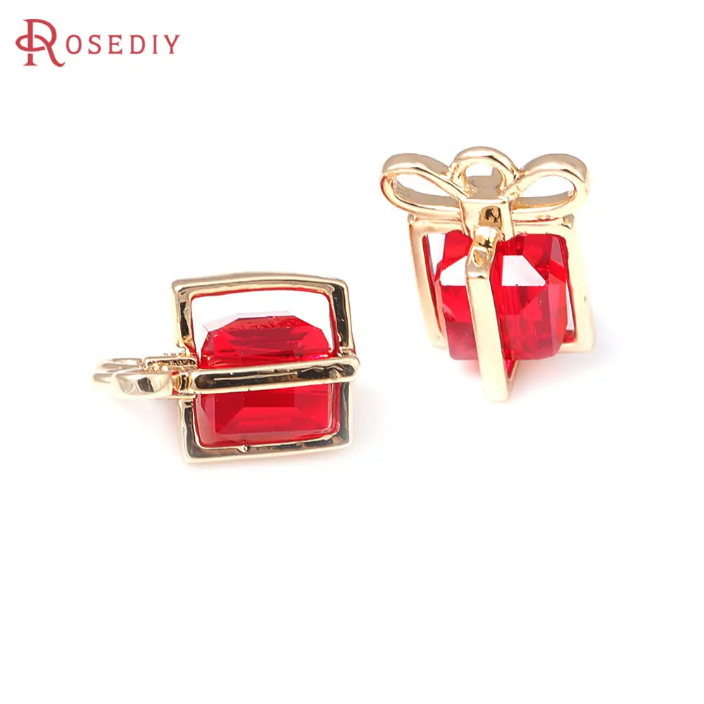 10PCS 18K Gold Color Brass and Glass Gift Box Charms