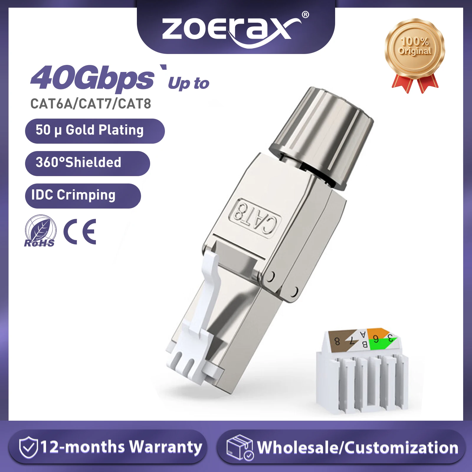 ZoeRax RJ45 Cat6A Cat7 Cat8 Tool Free Connector Reusable Shielded