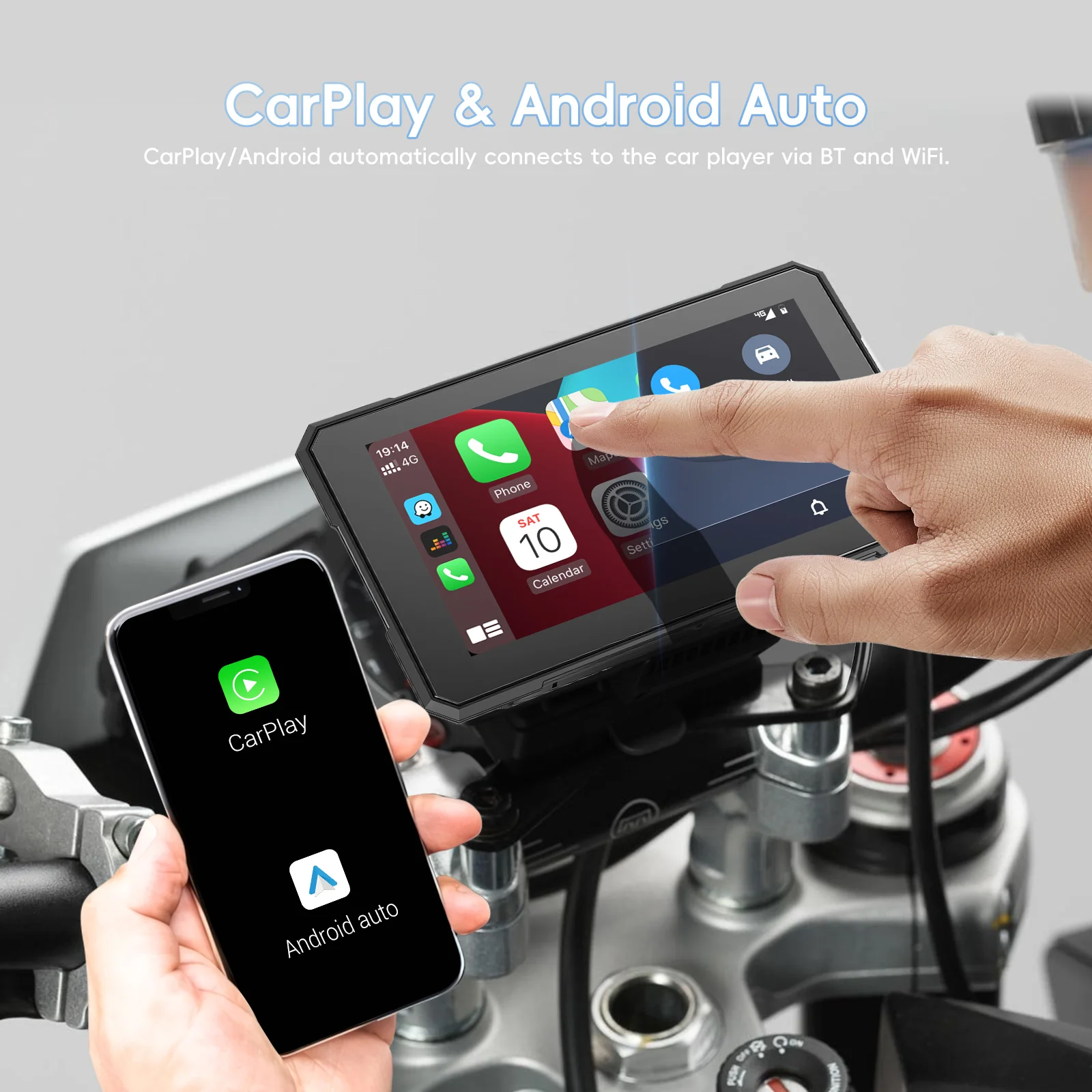 Reproductor de Pantalla Inteligente para Motocicleta Podofo de 5'' con Pantalla Táctil, Carplay, Android Auto, Resistente al Agua IP67, Brillo Automático, Reproductor Portátil para Motocicleta 3