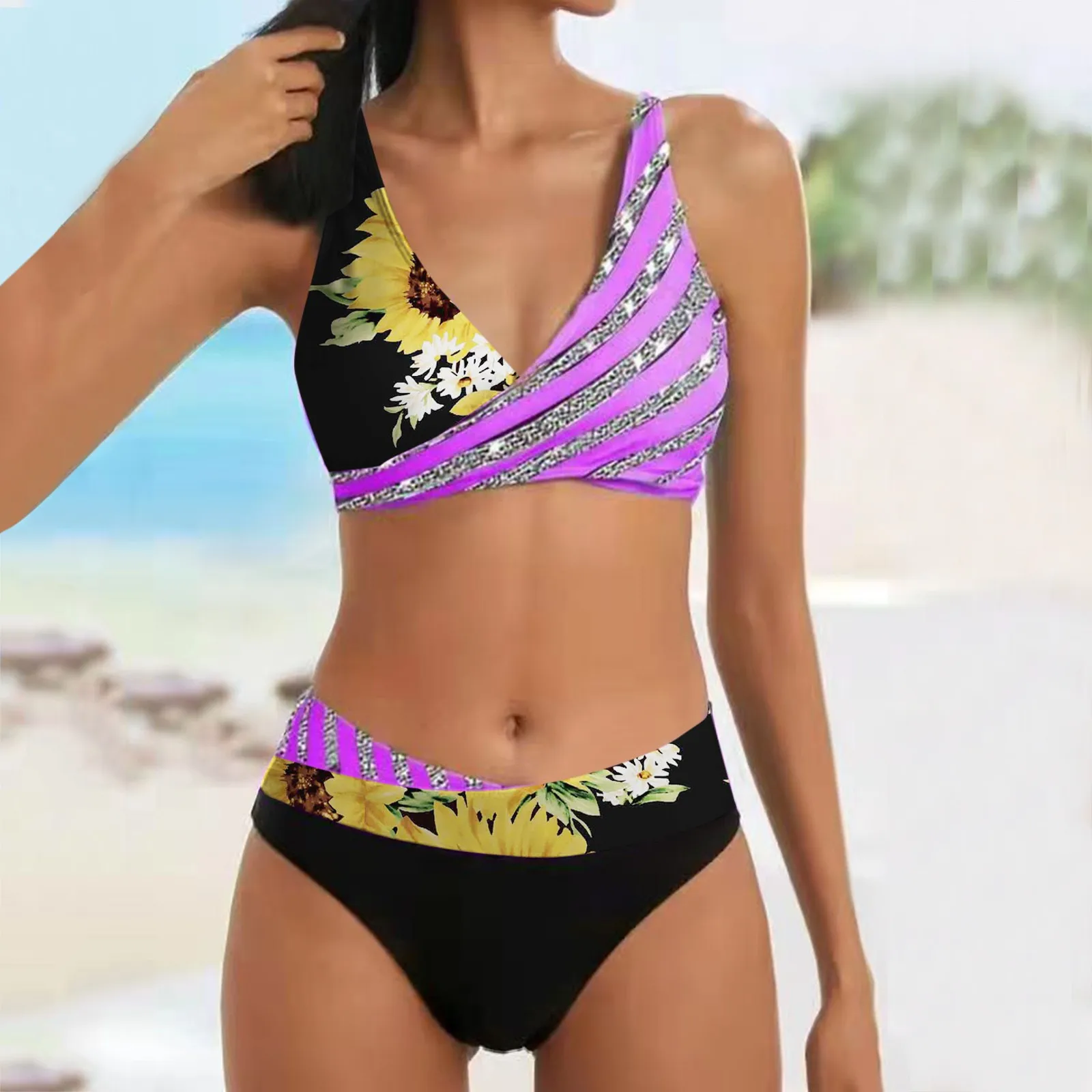 

Women's Sexy Collection Printed Hot Drill Bikini Split Swimsuit High Waist Bikinis Solid Swimsuit Vintage Swimwear