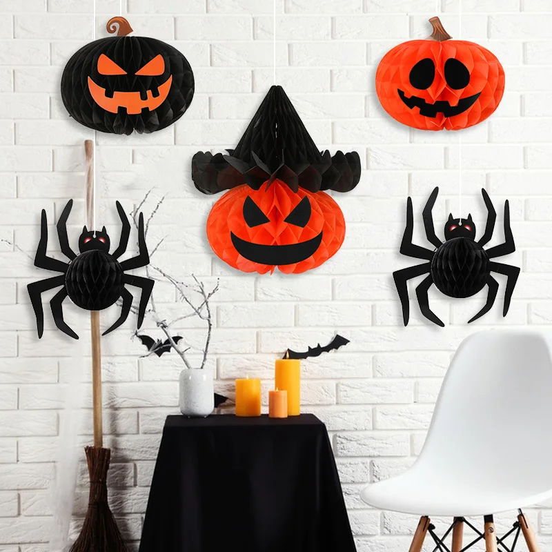 Halloween Spider Pumpkin Honeycomb Ball Decoration Home Table Ornaments Halloween Paper Hanging Paper Lantern Kids Gift Favors